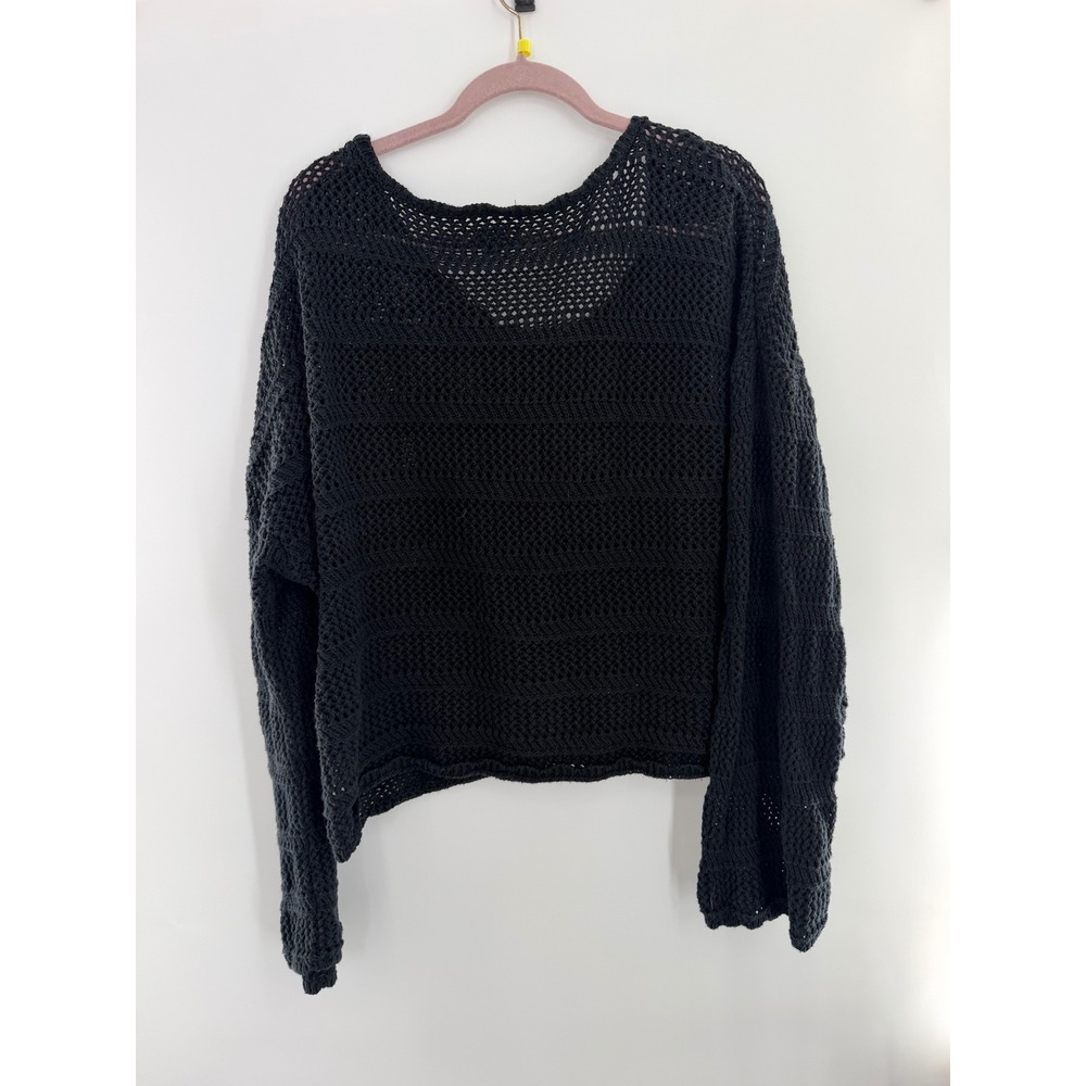 American Eagle Womens XL Open Knit Crochet Sweater Long Sleeve Black Boho Crop